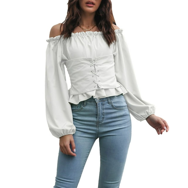 Blusa de manga larga con hombros descubiertos para mujer, blusa fruncida con cordones en la parte delantera de color puro para citas, color blanco M