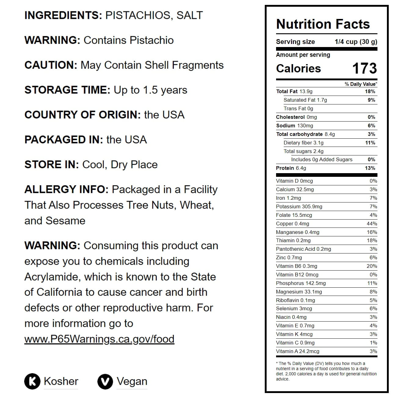 Dry Roasted Pistachio Kernels with Himalayan Salt, 2 Pounds — Kosher, Vegan — by Food to Live