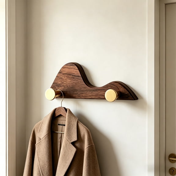 HOZVOMI Coat Rack Wall Mount Coat Hooks, Wooden Coat Hook with 2 Gold Brass Hooks, Rustic Decorative Wall Hooks for Hanging Jacket Hat Bag Key Backpack