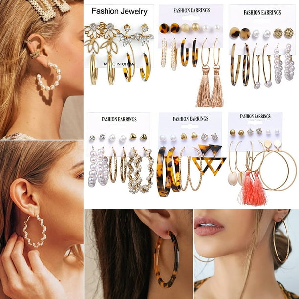 36 Pairs Pearl Hoop Earrings Set Metal Gold Hoop Earrings Set