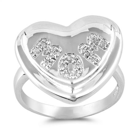 Band Mom Ring - Clear CZ Mom Heart Love Mother's Day Ring .925 Sterling Silver Band Size 9