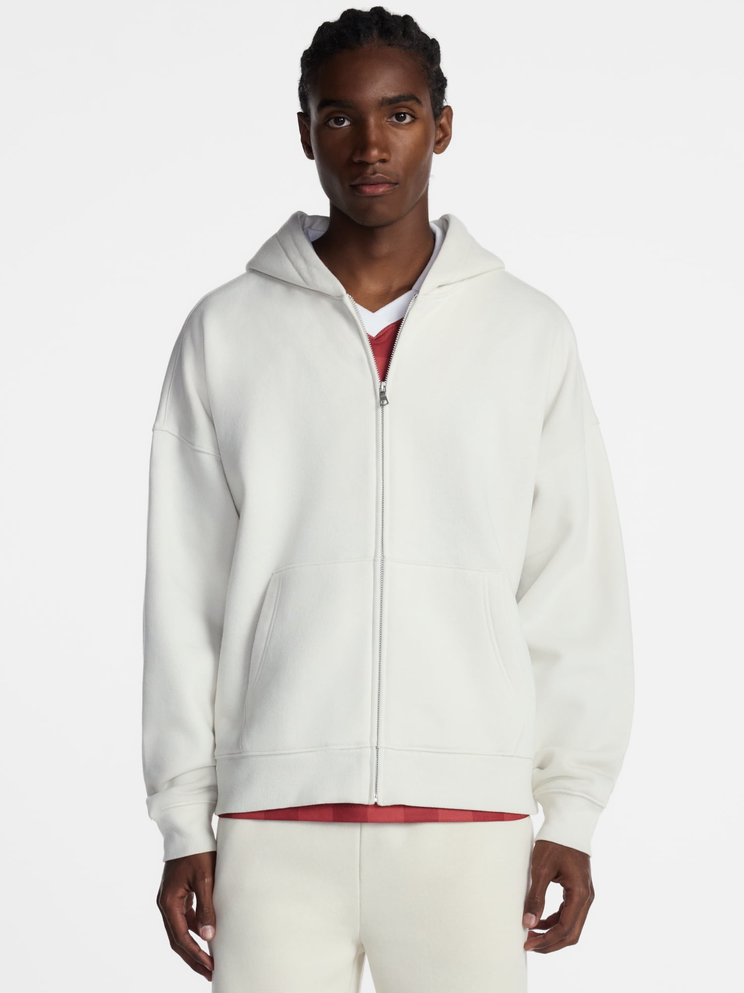 No Boundaries Boxy Oversized Fit Fleece Zip Hoodie Sweatshirt with Long Sleeves, Men's XS-4XLT