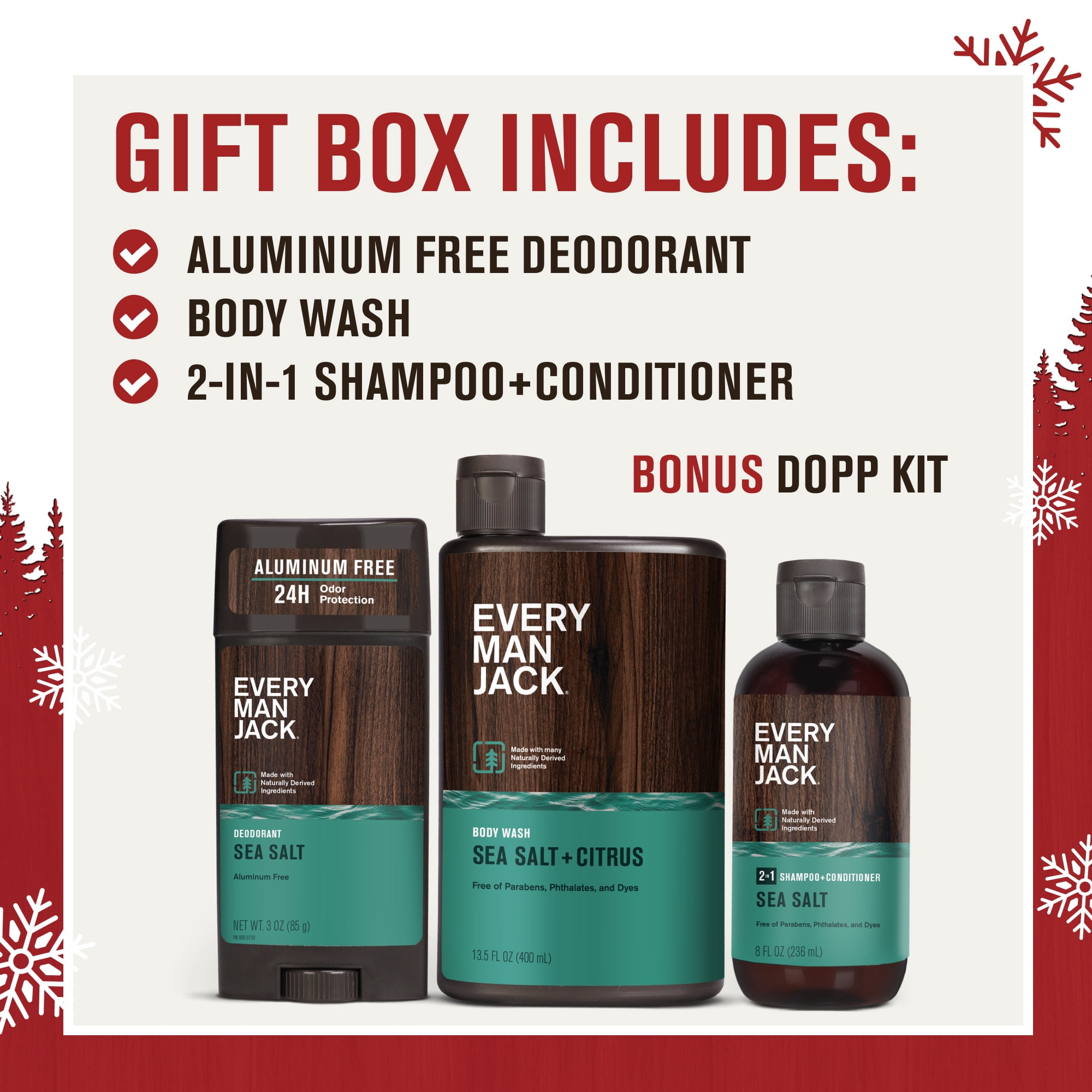 Every Man Jack Men's Bath and Body Christmas Holiday Gift Set for All Skin Types, Sea Salt, 4 Pieces - Body Wash, Shampoo, Deodorant, and Dopp Bag
