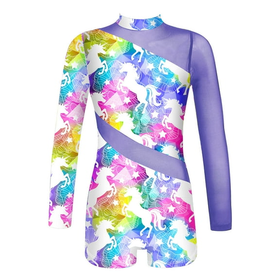 Alvivi Kids Girls Dance Gymnastics Jumpsuit Mock Neck Long Sleeves Mesh Patchwork Bodysuit 6-16