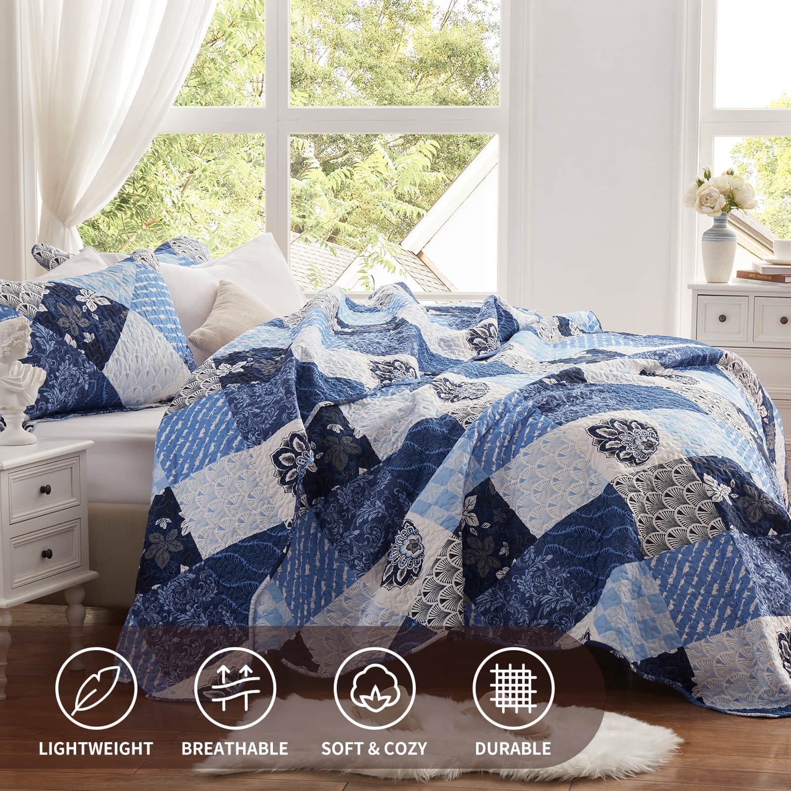 3-Piece Full/Queen Size Quilt Set - Blue Patchwork Bedspread Coverlet with 2 Pillow Shams, Microfiber