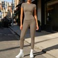 thumbnail image 5 of QIYAGBSA Workout Sets for Women Short Sleeve Crew Neck Top High Waist Leggings Stretch Athletic Two Piece Outfit (Khaki, M), 5 of 6