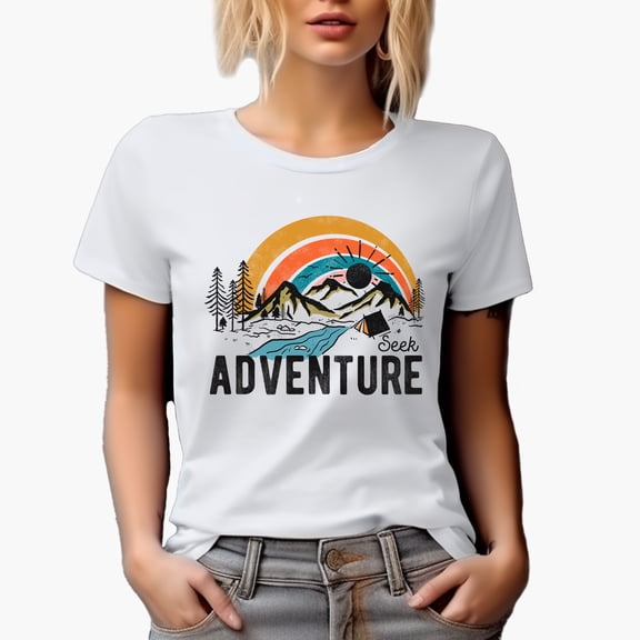 Seek Adventure, Retro Mountains, River & Camping Tent Art Merch Gift, White T-Shirt, Small