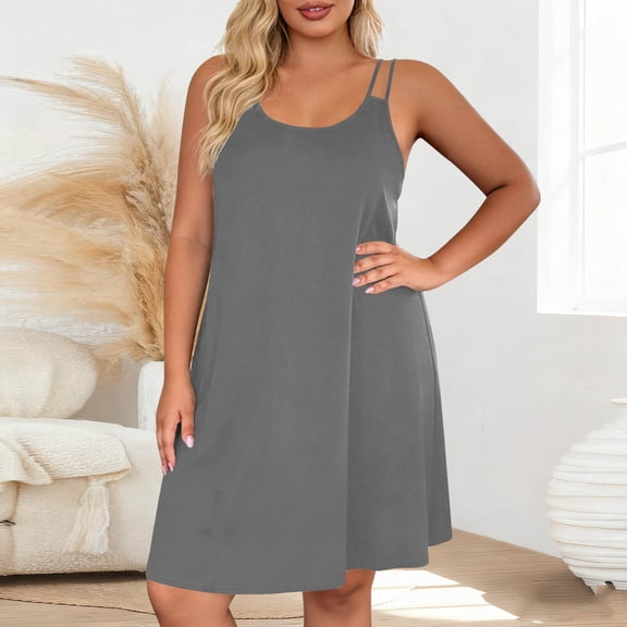 Ynynloco Women Plus Size Casual Summer Beach Dresses Crew Neck Cover Ups Sundress Swing Tank Dress with Pockets