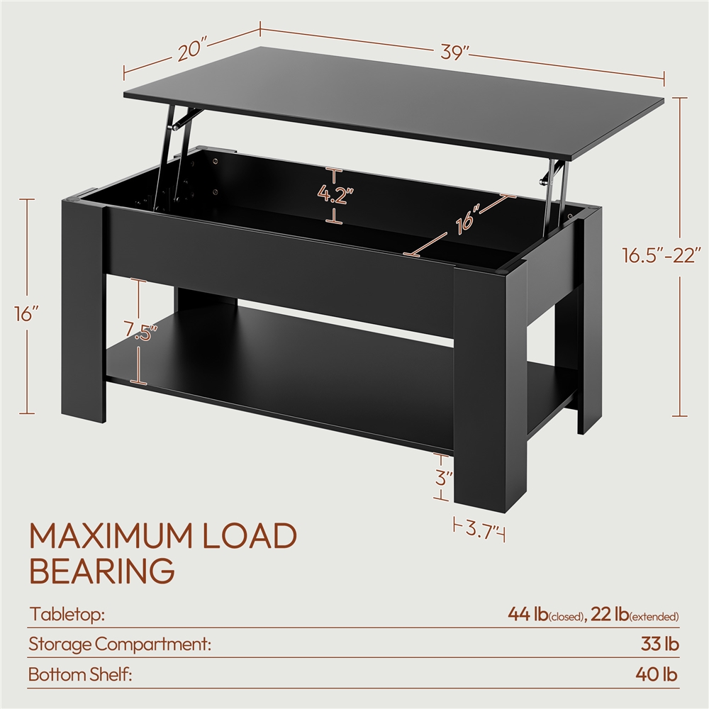 Yaheetech 39-Inch Lift Top Coffee Table with Storage, Black photo 5