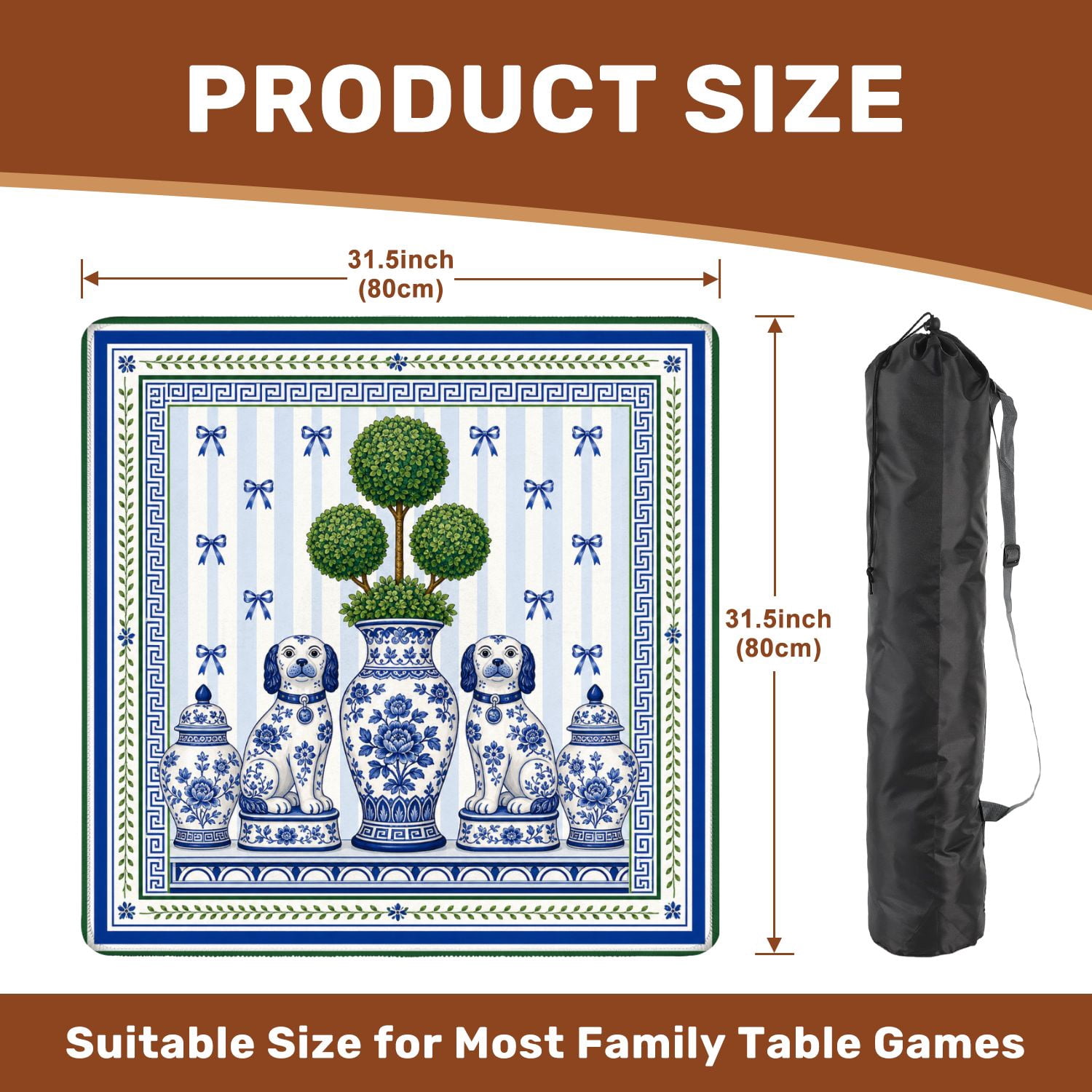 Mahjong Mat 31.5" x 31.5" Chinoiserie Chic Topiary Blue White Dogs Green Urns Non-Slip Noise Reduction Mahjong Tiles Table Cover for Dominoes Poker Card Board and Tile Games