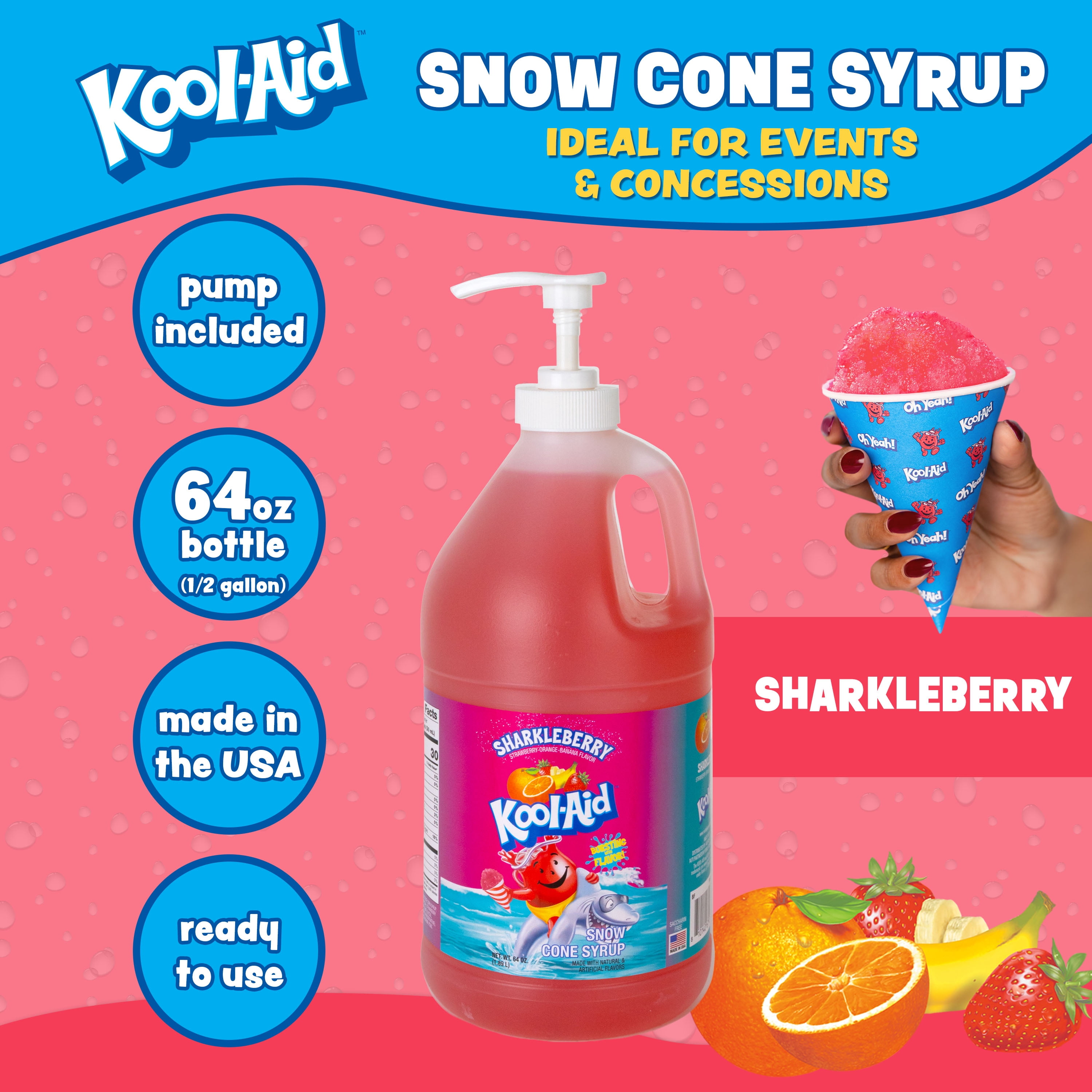 Kool-Aid Sharkleberry Snow Cone Syrup, 64 oz (1/2 Gal) Pump Bottle, Snow Cone Maker Ready