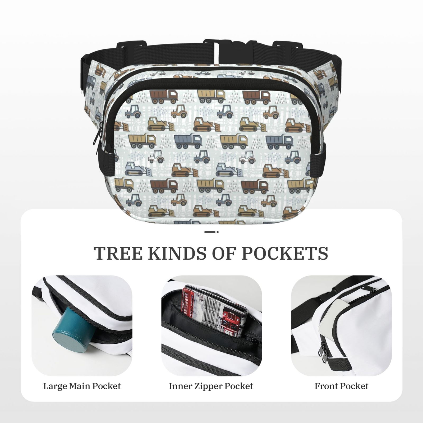 Picia Tractor and Dumper Print Square Double-Layer Waist Bag Mini Adjustable Waist Belt Bag Exercise Running Travel Hiking