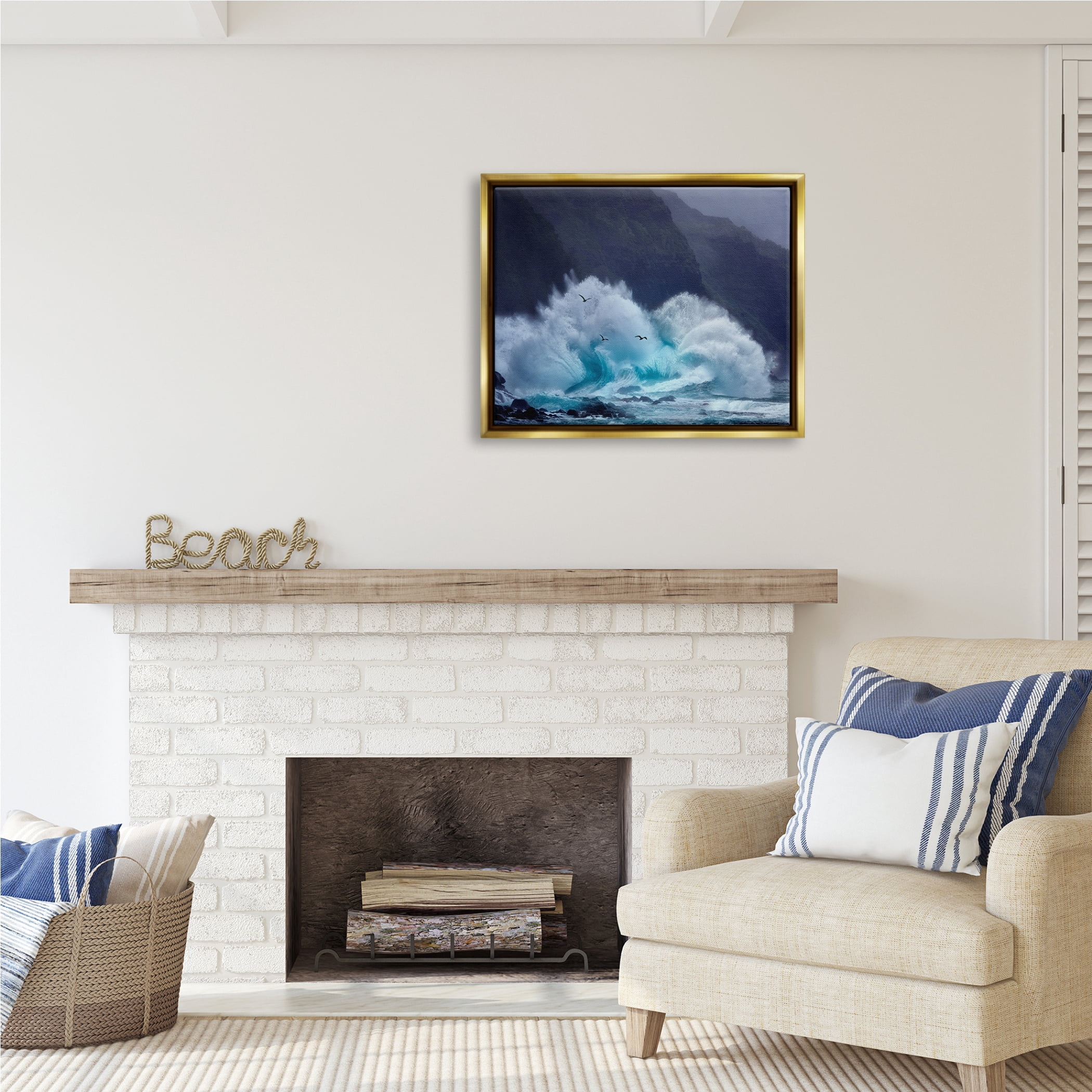 Stupell Industries Tsunami Waves Landscape Nature Photography Gold Floater Framed Art Print Wall Art, 31 x 25