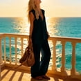 thumbnail image 7 of Womens Cotton Linen 2 Piece Outfits Summer Casual V Neck Sleeveless Tops Wide Leg Long Pants Casual Set with Pockets, 7 of 7