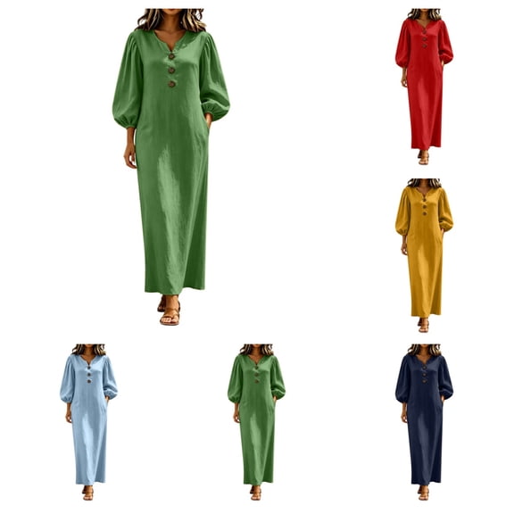 SAWOBUUN Womens V Neck Long Puff Sleeve Button-Front Maxi Dress Loose Fit Casual Dress with Side Pockets