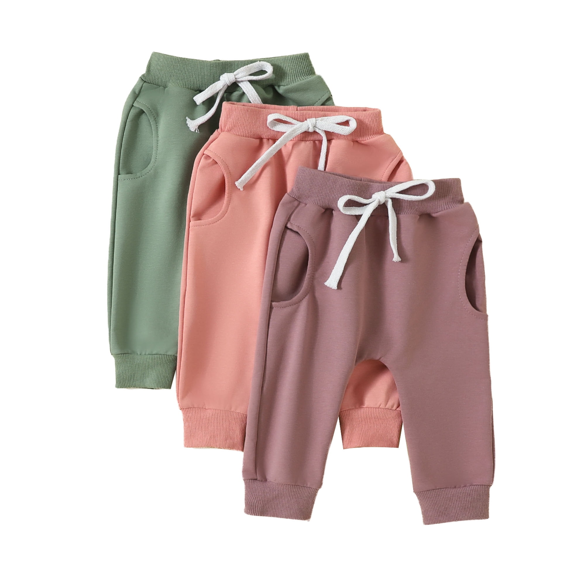 Gupgi 3 Pack Toddler Baby Girl Pants 6M 12M 18M 24M 3Y Trousers Solid Color Jogger Pants Infant Elastic Waist Sweatpants