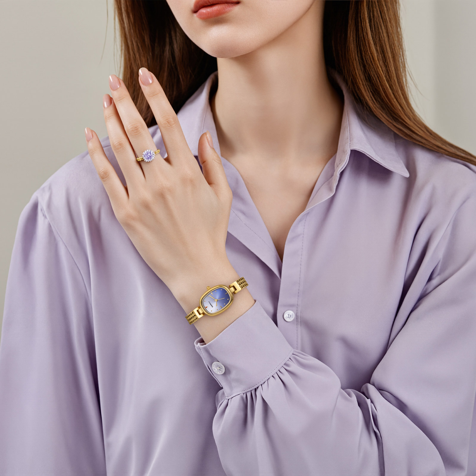 BERNY Small Gold Watches for Women, Dainty Oval Analog Quartz Bracelet Watch, Stainless Steel, Waterproof, Minimalist Luxury Ladies Watches Gifts (Blue)