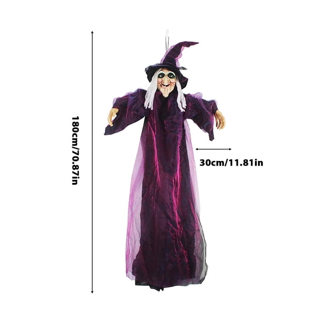 Décoration de Sorcière Suspendue avec Capteur de Mouvement 60X180Cm Résine Parlante avec Yeux Rouges pour Fête d'Halloween en Extérieur