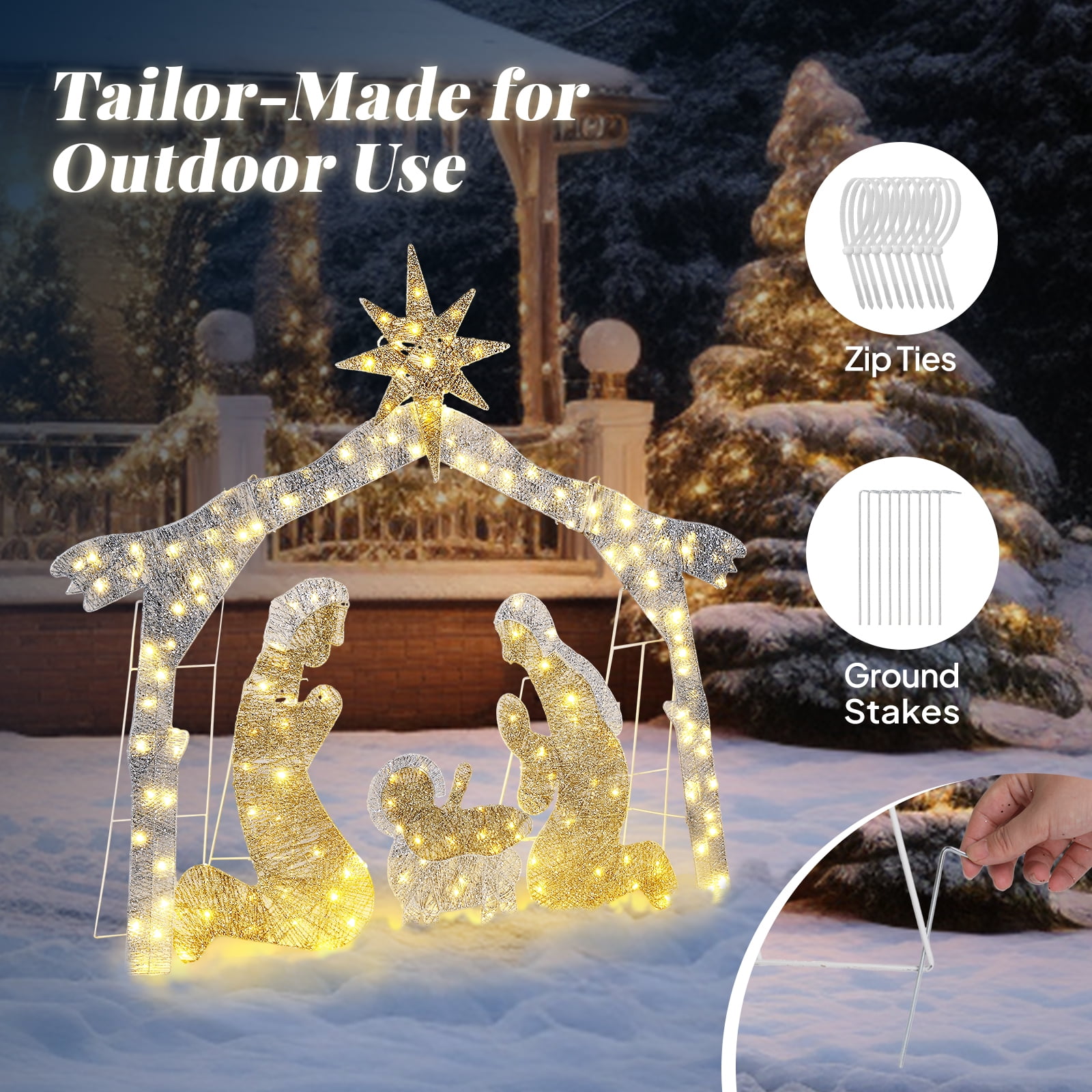 6ft Christmas Nativity Scene Decoration Silver Roof with 190 LED Lights Durable Garden Jesus Mary Joseph Set Easy-Install Reusable Outdoor Holiday Decor
