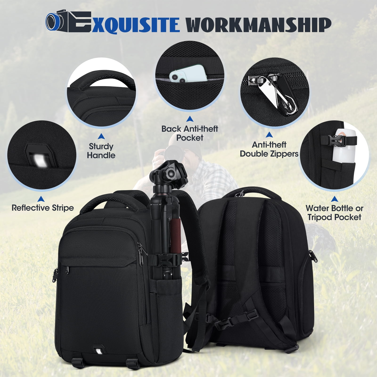 RAINSMORE Camera Bag Backpack For DSLR/SLR Mirrorless 15.6 Inch Laptop Camera Back Pack For Photographers Anti-Theft Photography Bags Case With Tripod Holder & Rain Cover, Black - Leo Views - View #9