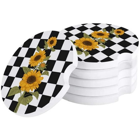 

ZHANZZK Sunflower Black and White Plaid Set of 2 Car Coaster for Drinks Absorbent Ceramic Stone Coasters Cup Mat with Cork Base for Home Kitchen Room Coffee Table Bar Decor