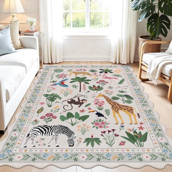 MJIAexp Jungle Animal Print 5x7 Area Rugs for Living Room, Beige Soft Washable Rugs for Bedroom Ultra-Thin Non-Slip Modern Rug, Stain Resistant Rug Carpet for Dining Room