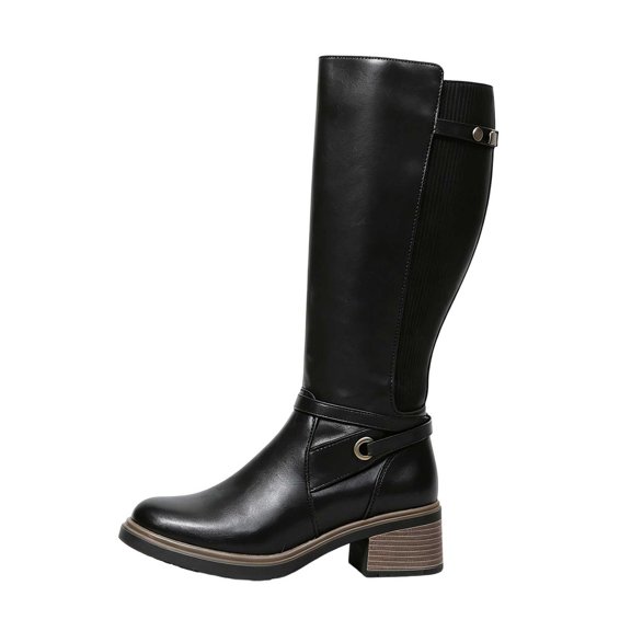 Xfvqtps Knee High Boots for Women Wide Calf Side Zipper Block Low Heel Faux Leather Tall Boots