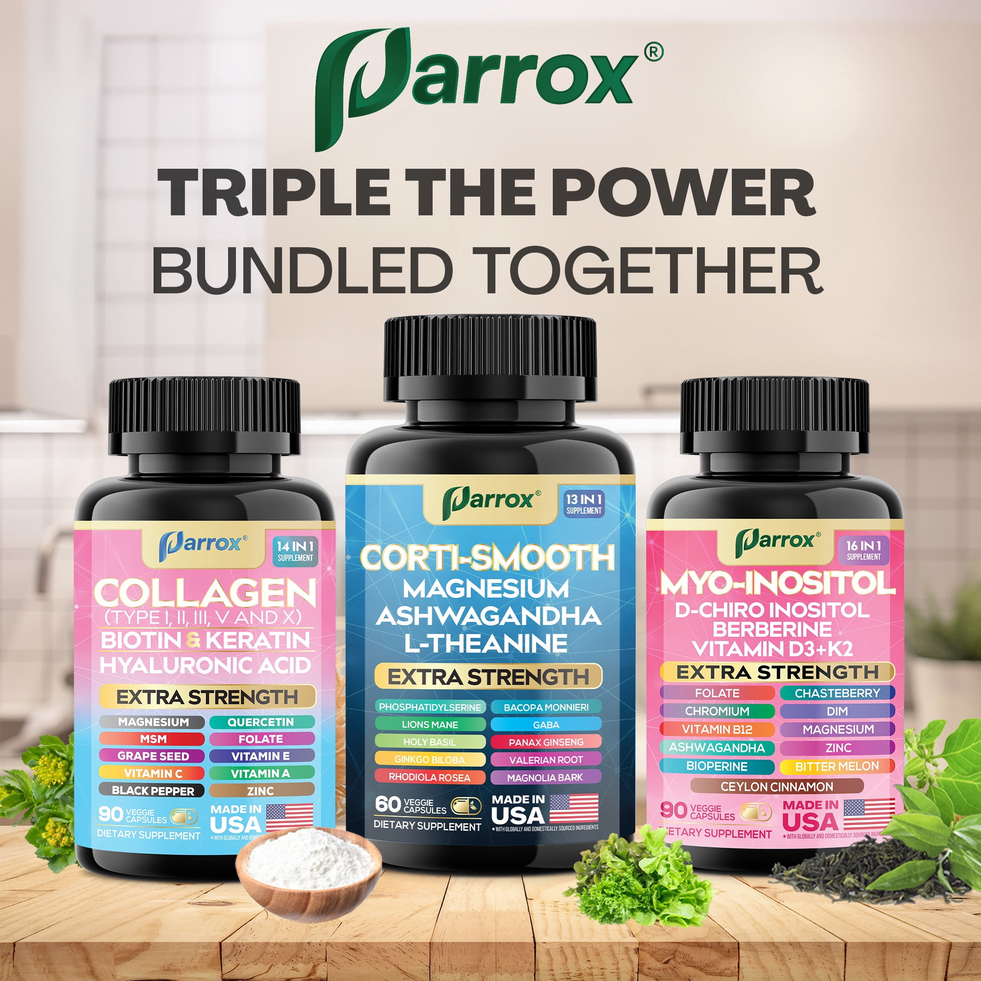Parrox Ultimate Wellness Bundle – Collagen Peptides Types I, II, III, V, X with Biotin & Keratin,Myo-Inositol,DIM,Vitex,L-Theanine,Berberine,Lions Mane,Cortisol Support,Magnesium,Ashwagandha (3 Pack)