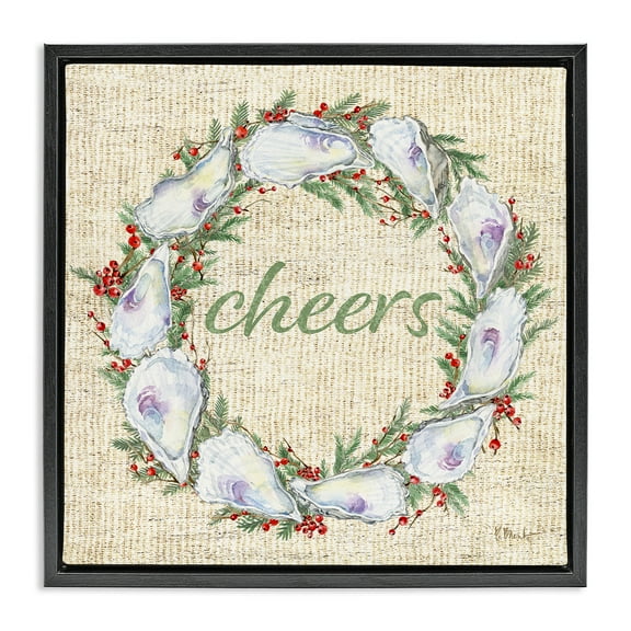 Stupell Industries Shells & Holly Wreath Holiday Painting Black Floater Framed Canvas Art Print Wall Art, 18 x 18