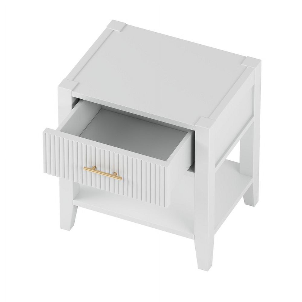 Wooden Nightstand with Gold Handle, Bedside Table with 1 Open Storage and 1 Drawer, End Table for Living Room, Bedroom, White