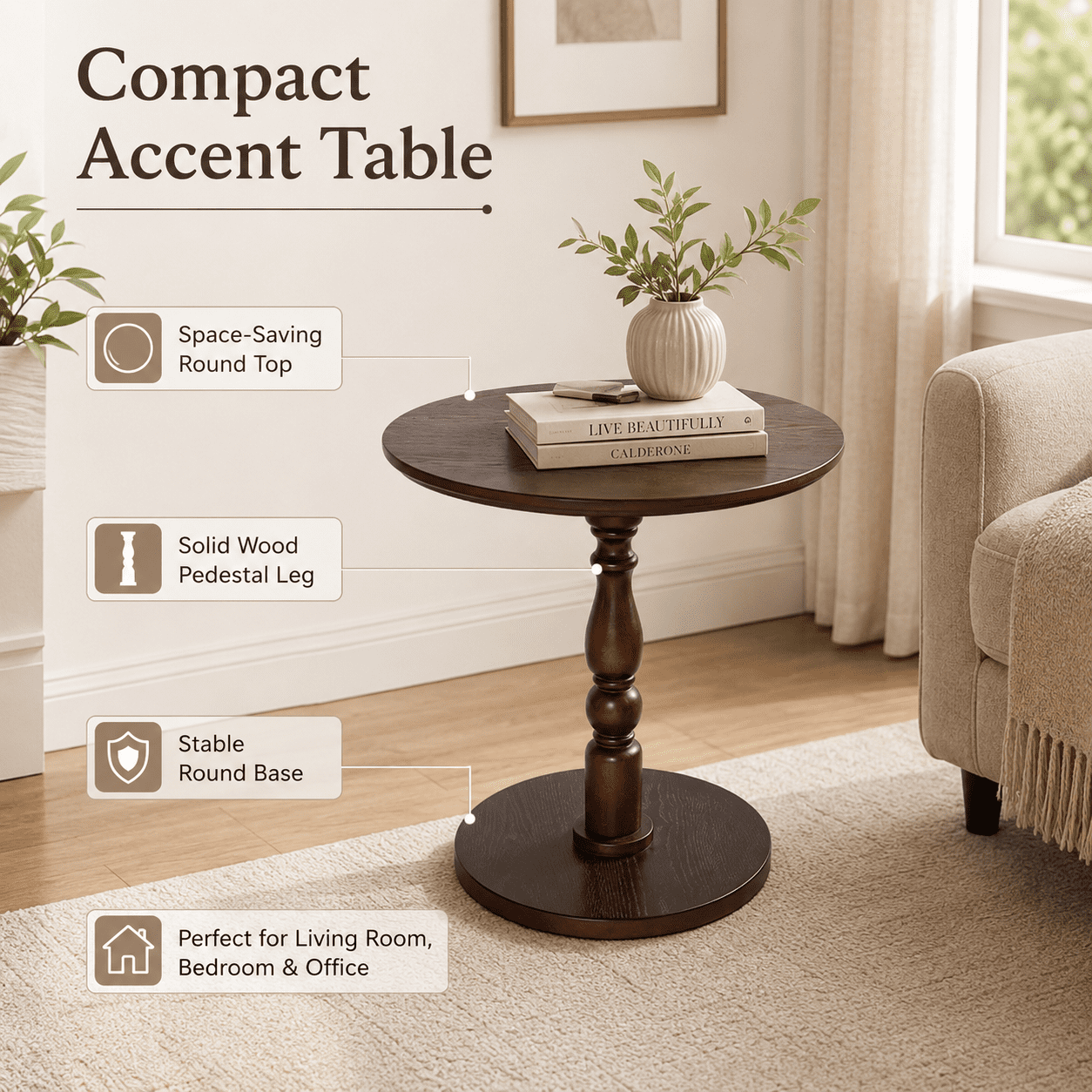 Homy Casa Round Side Table, 23.22 in Small Pedestal End Table for Living Room Bedroom, Walnut