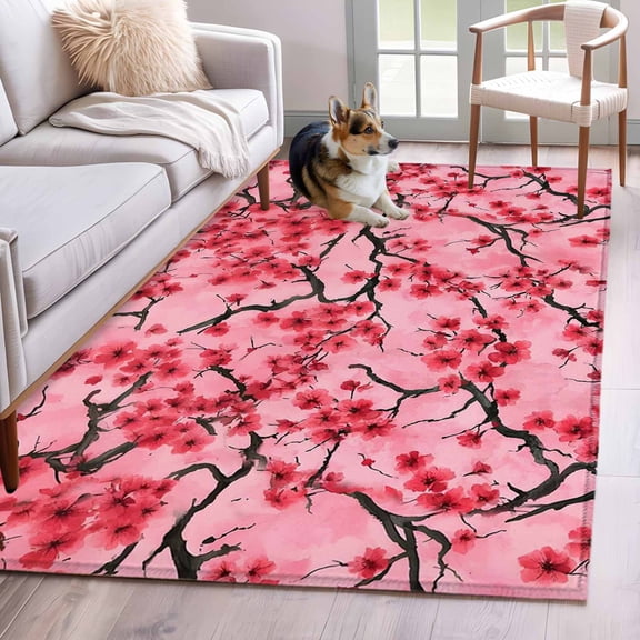 Area Rugs 2.7'x5', Chinese Flowers Carpet for Living Room Bedroom Dining Room, Spring Pink Peach Blossoms Floral Throw Kitchen Rugs Non Slip Washable Rectangle Indoor Outdoor Rugs