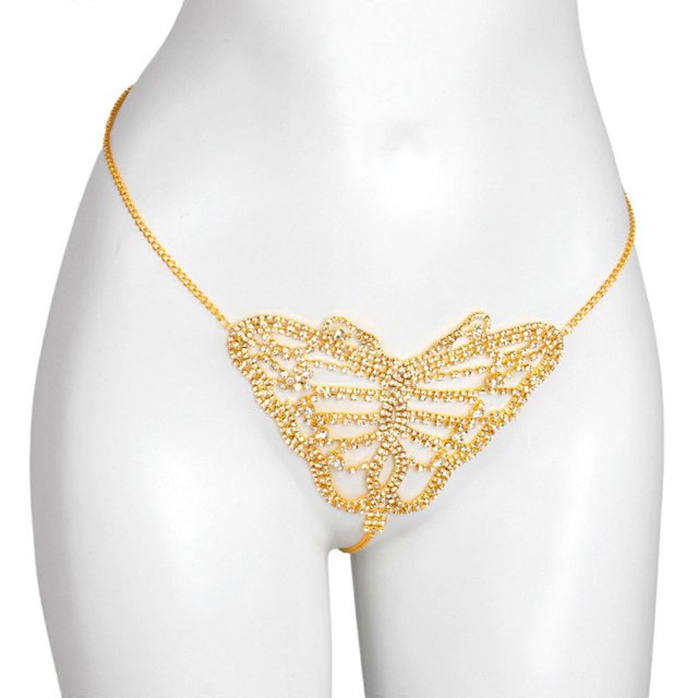 Glittering Rhinestones Butterfly Panties Thong Chain for Women Crystal Body Chain Jewelry G-String for Festivals Party Silver
