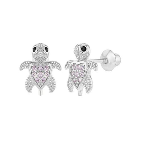 925 Sterling Silver Pink CZ Little Turtle Screw Back Earrings for Toddlers Girls