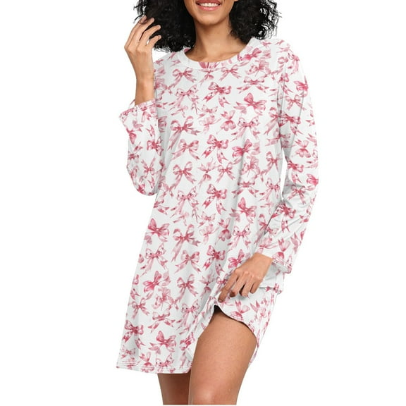 joogoo Bows Pink Women's Long Sleeve Nightgown Sleepwear L