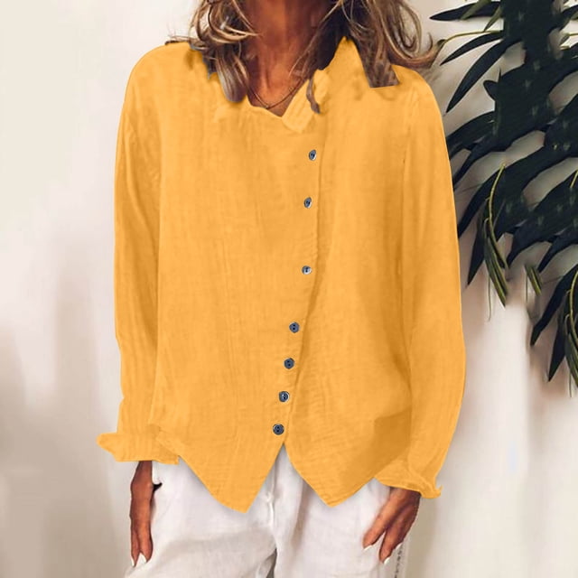 RXIRUCGD Chemise à Manches Longues en Coton et Lin pour Femmes, Couleur Unie, Col Rond, Orange, Taille : S