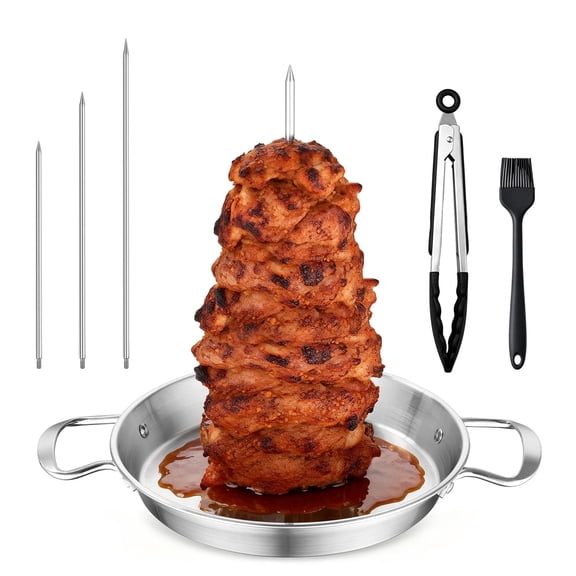 Vesteel Al Pastor Skewer for Grill, Stainless Steel Vertical Skewer, Brazilian Spit Stand with 3 Removable Spikes(8”/10”/12”), Brush & Tongs, for Shawarma Kebabs Smoker Oven Bbq Dishes