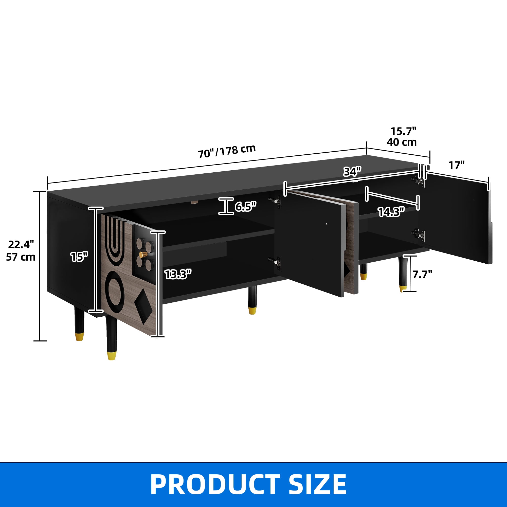 Uforic 70" Mid-Century TV Stand for TVs Up to 80", Entertainment Center with Textured Doors & Storage, Black & Walnut