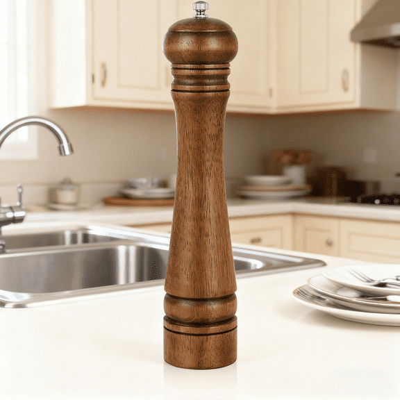 Elegant 10-Inch Wooden Pepper Grinder, Oak Salt Mill with Adjustable Ceramic Core, Large Refillable Design for Sea Salt and Pepper