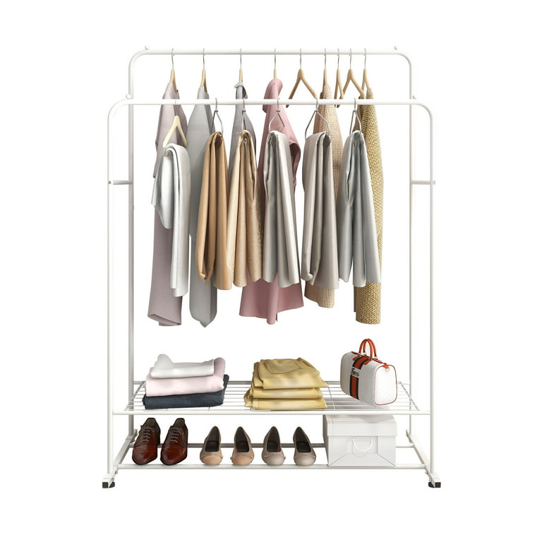 Heavy Duty Clothing Rack with Metal Frame, Home Garment Rack with 2-Tier  Storage Shelf, Bedroom Double Rods Clothes Rack, Freestanding Hanger for