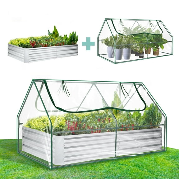 SEJOV 6x3x1ft Galvanized Raised Garden Bed with Cover & 2 Large Windows, Mini Greenhouses for Outdoors, Metal Planter Box Kit for Vegetables Flowers Herbs, 1 Pair of Gloves Included, Clear