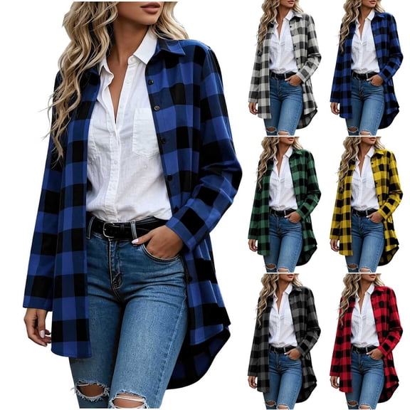 ShomPort Womens Casual Jackets Trendy Plaid Shackets Lightweight Flannel Shirt Long Sleeve Collar Button down Blouses