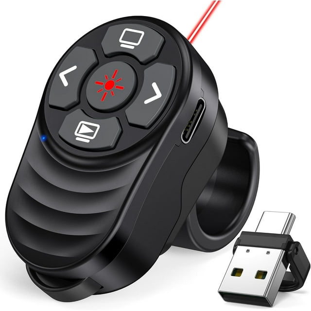Cliqueur de Présentation Sans Fil USB Type-C Rechargeable, Cliqueur PowerPoint Anneau pour Doigt avec Lumière Rouge et Contrôle du Volume, Pointeur à Distance pour Présentateur Sans Fil