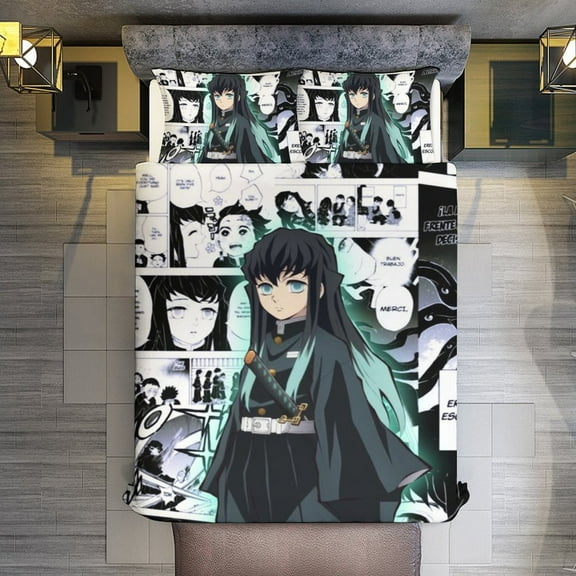 Demon Slayer Tokito Muichiro 3-Piece Bedding Comforter Set Bed Cover Set Soft Warm Bedding for Bedroom, Home, Hotel 86"x70"