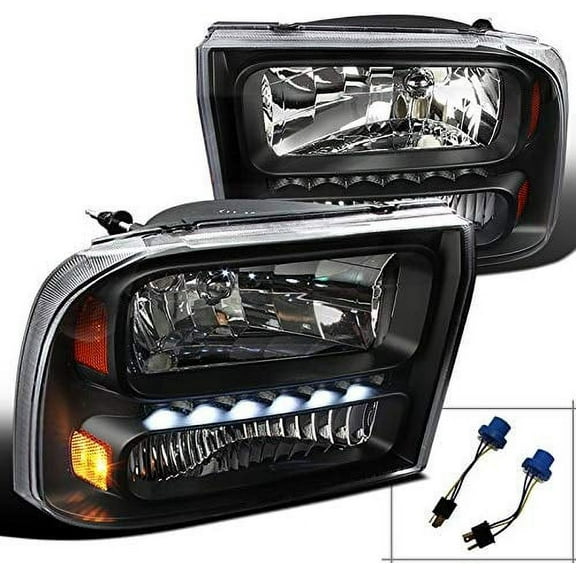 DRL LED Light Strip 1 Piece Headlight Head Lamp Replacement in Black Housing Clear Lens Made For And Compatible With 1999 - 2004 Ford F250 F350 Superduty Excursion 99 00 01 02 03 04