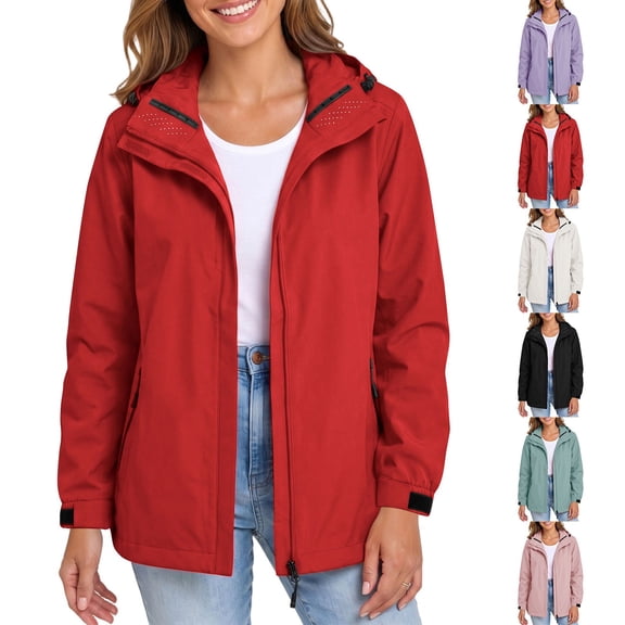 Plus Size Women's Detachable Hood Windbreaker Jacket, Waterproof Lightweight Packable Full‑Zip Coat with Pockets, Hiking Outerwear for Travel Camping Daily Commute