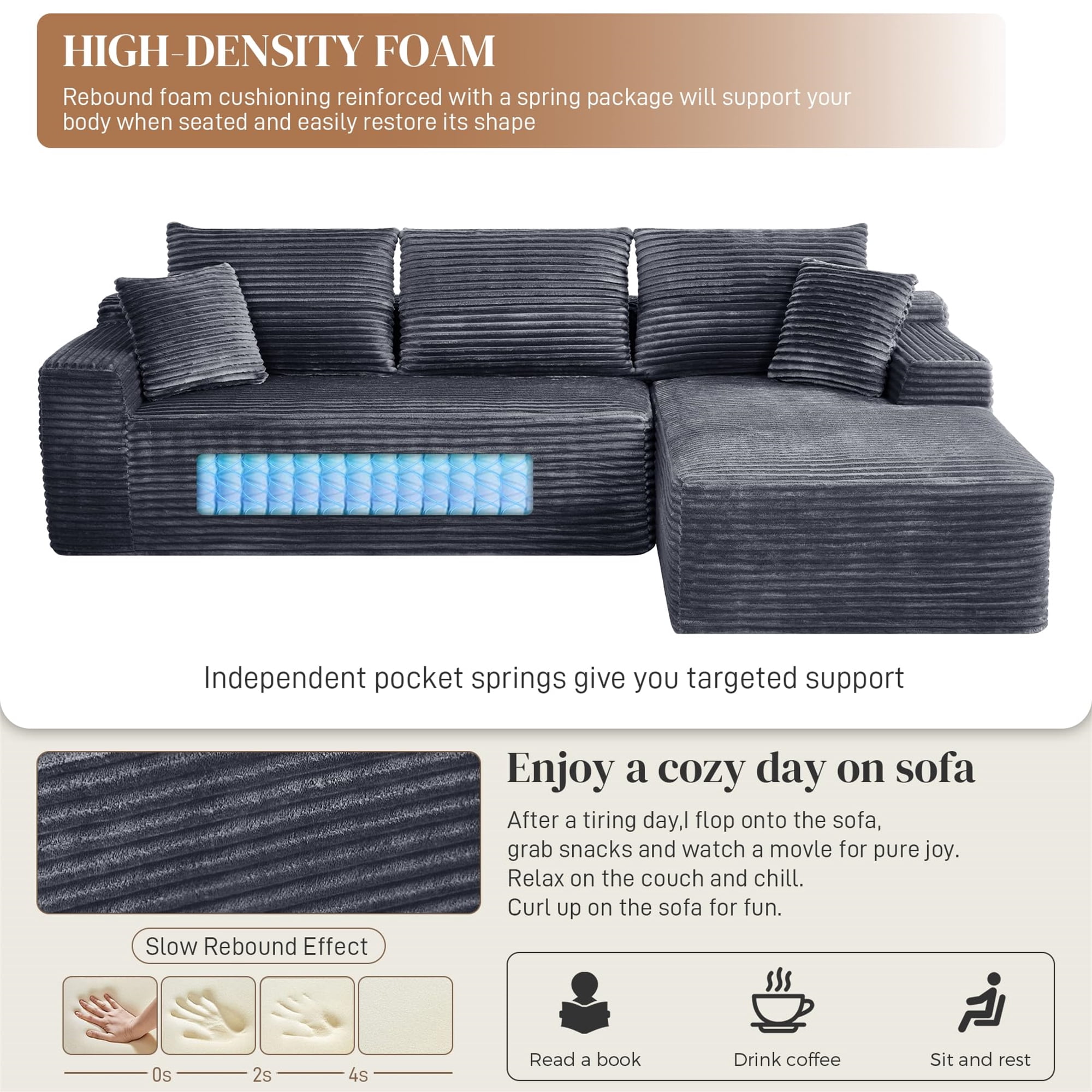 Aukfa 108" Cloud Sectional Sofa Deep Seat Boneless Couch Modular L-Shaped Couch, Rihgt Chaise Corduroy Sofa for Living Room, Gray