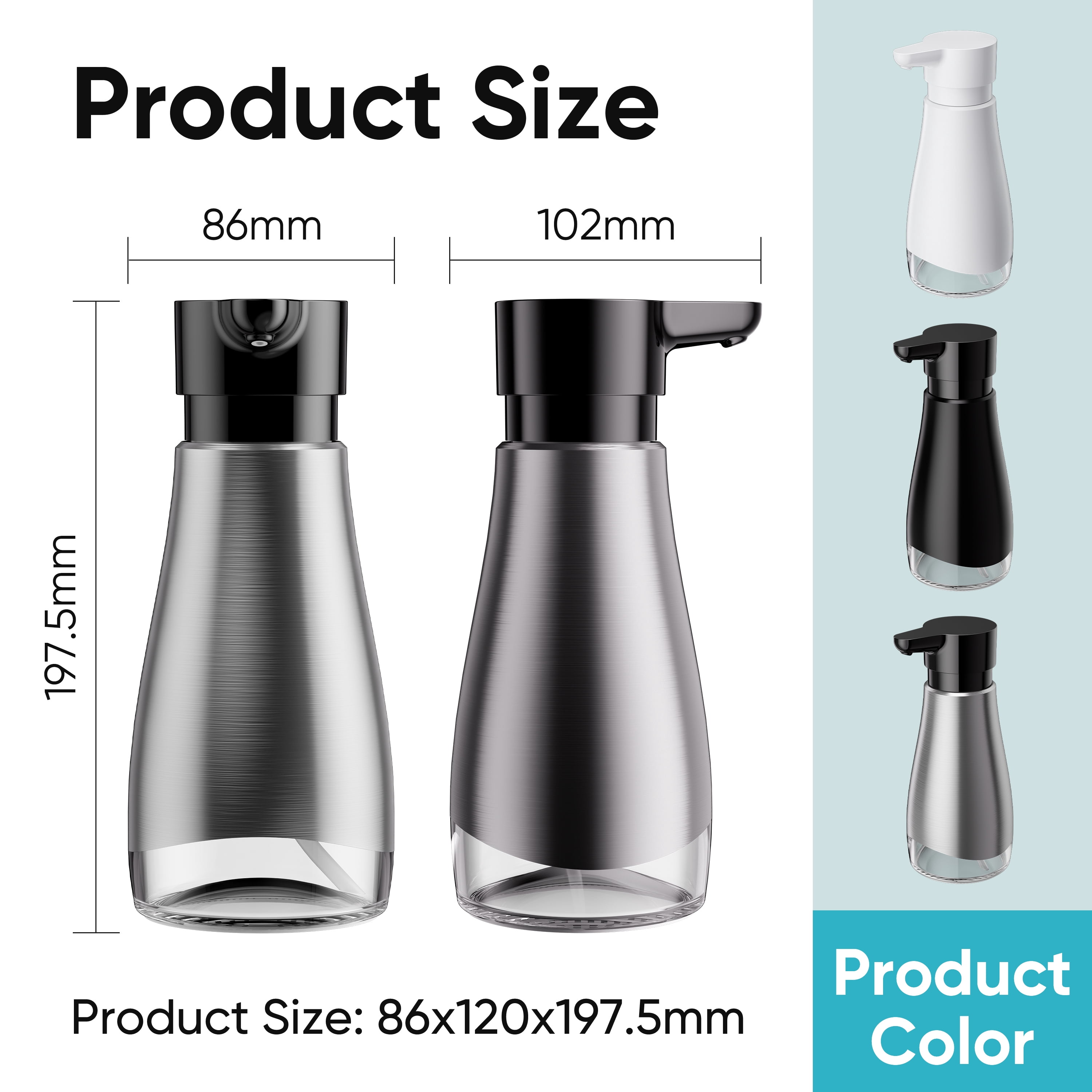 Oasis Creations 500 mL /17fl.oz Stainless Steel Liquid Soap Dispenser for Dish and Hand Soap - Two Toned Silver and Black - Refillable - Great for Kitchen Bathroom or Countertop