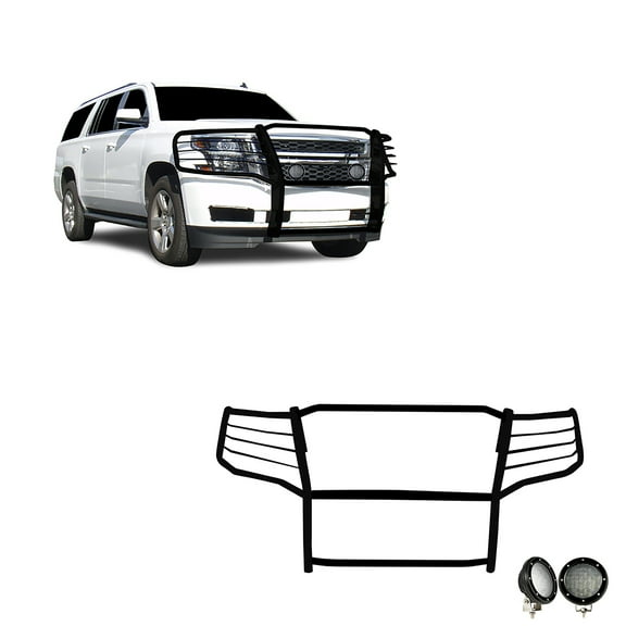 Black Horse Grille brush Bumper Guard Modular Black Come with Pair of 5.3" Dia.LED Lights with Black Trim Rings Compatible with 2015-2023 Chevrolet Suburban |2015-2023 Chevrolet Tahoe-17GT20MA-PLFB