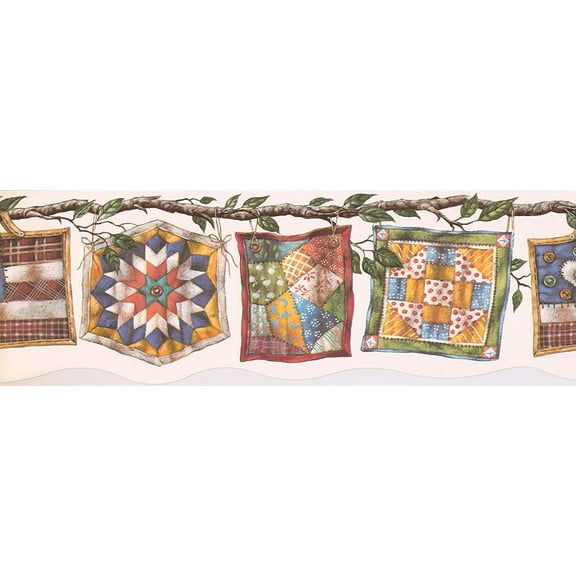Concord Wallcoverings Wallpaper Border Country Pattern Tree Branches Blankets for Cottage Kitchen Dining Room, Beige Green Blue Red Yellow, 15 Feet by 7 Inches BP007132B